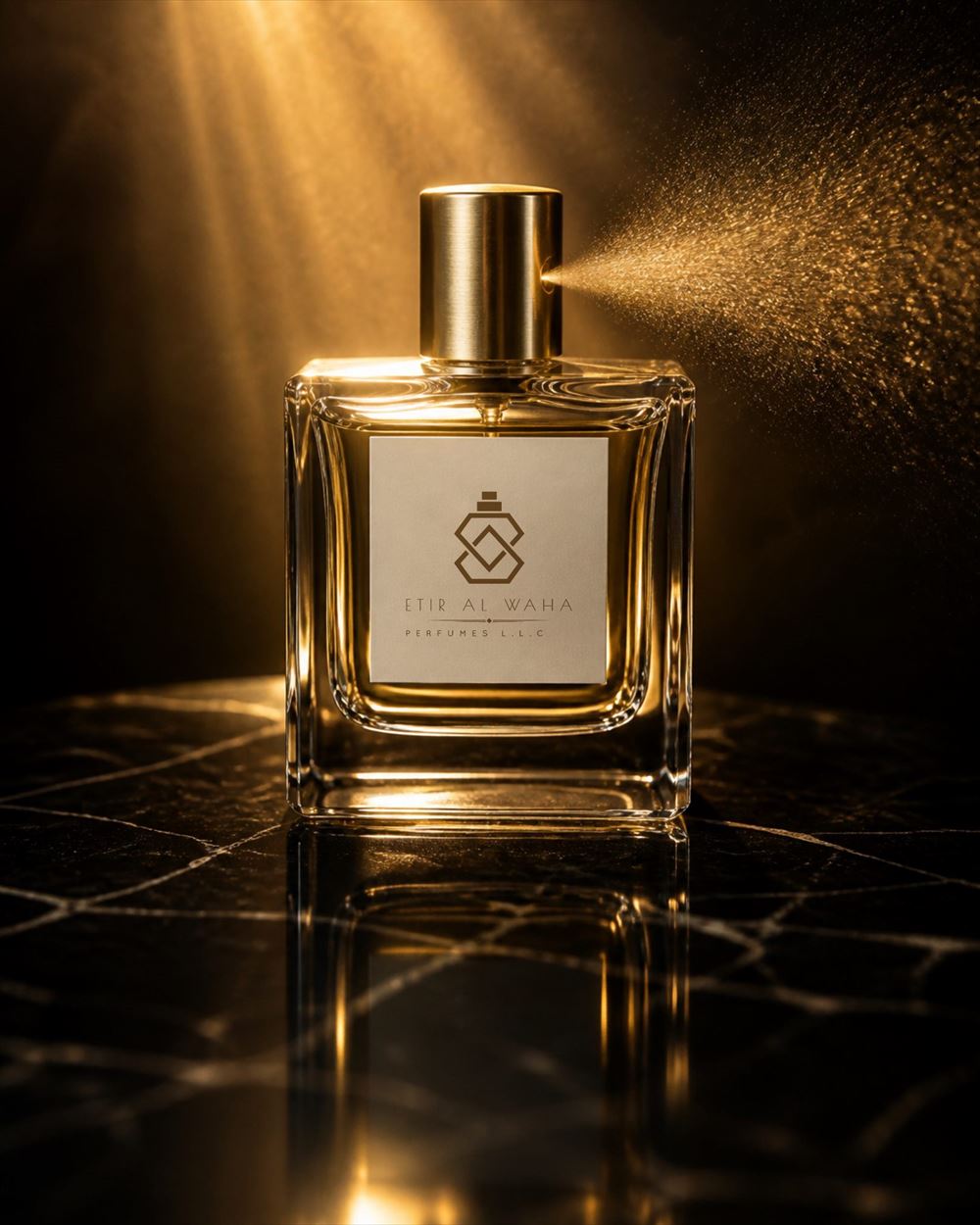 Etir Al Waha perfume bottle with gold cap and a fine golden mist